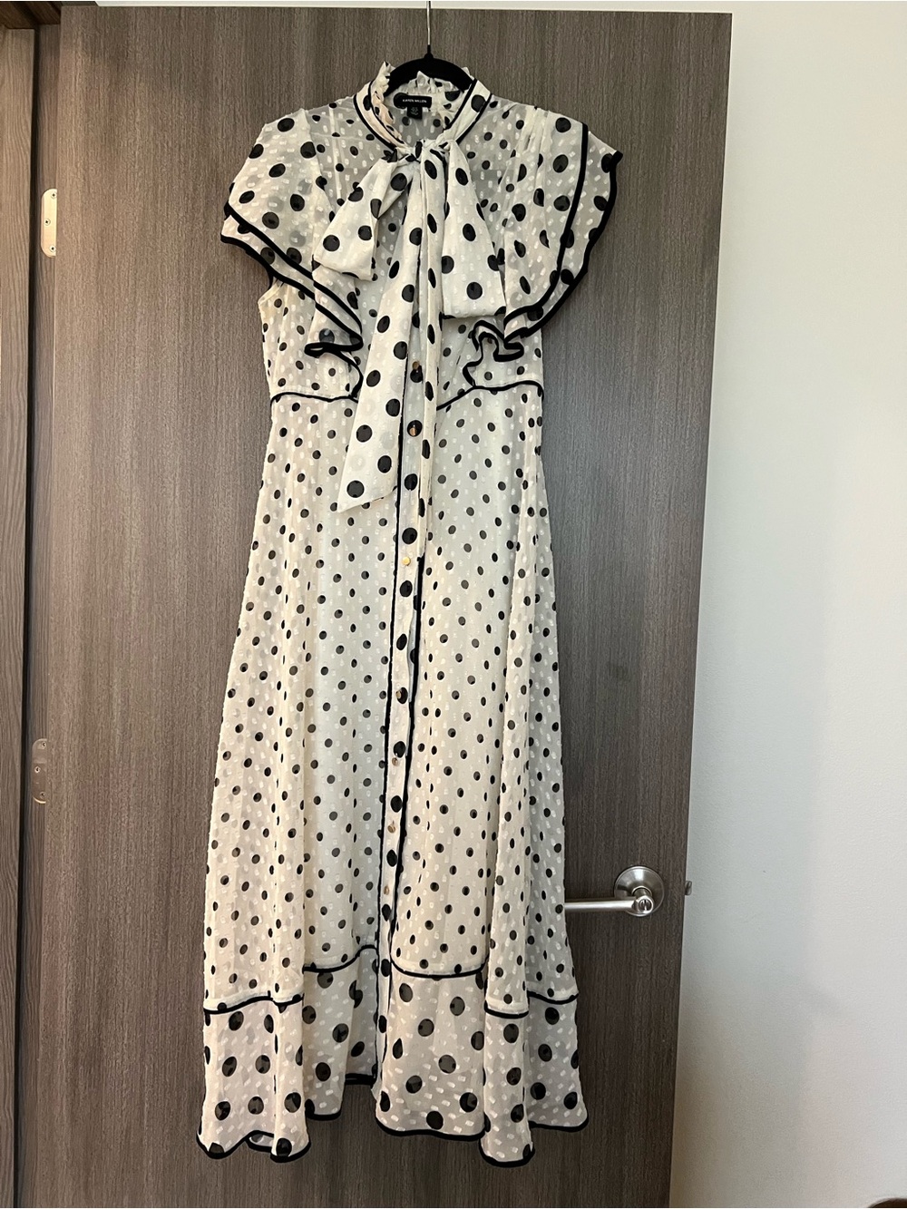 Karen Millen Black & White Polka Dot Midi Dress with Tie Neck